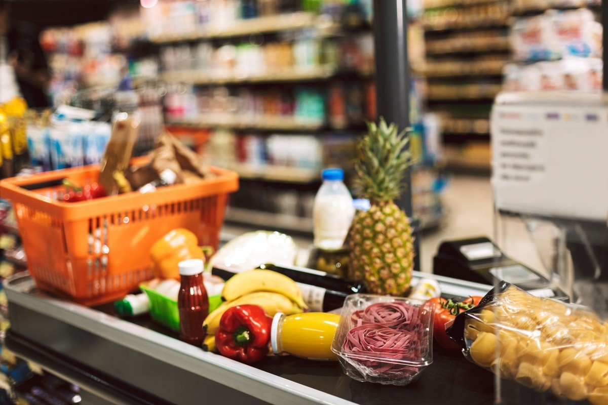 Groceries on conveyor