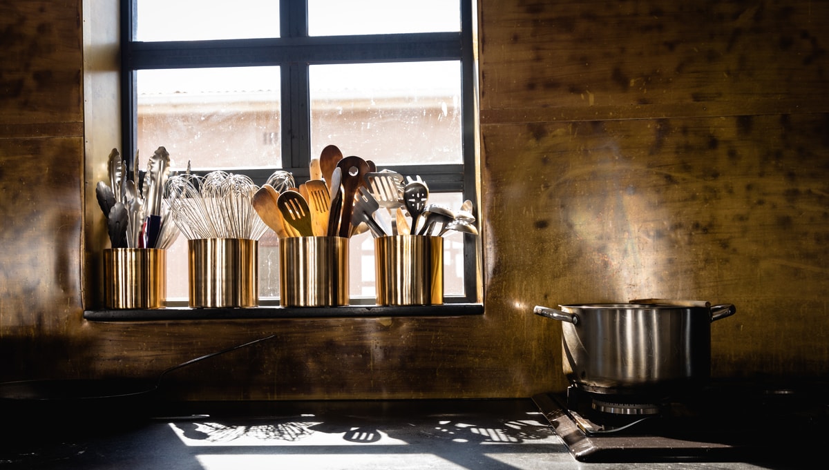 Kitchen utensils on window sill